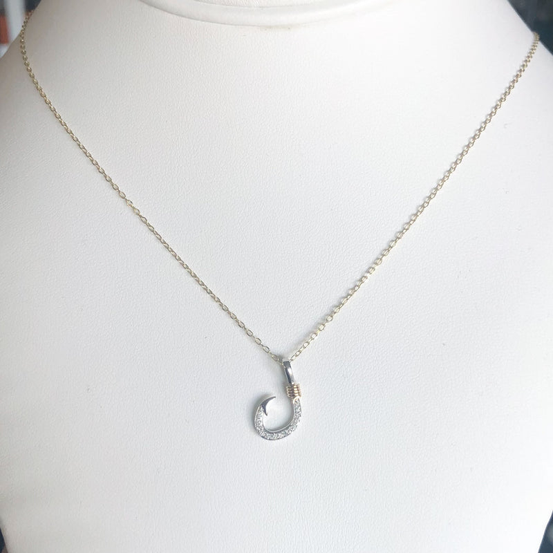 14k White Gold w/ Yellow Gold Rope Diamond Hook Necklace on Adjustable 14k Cable Chain