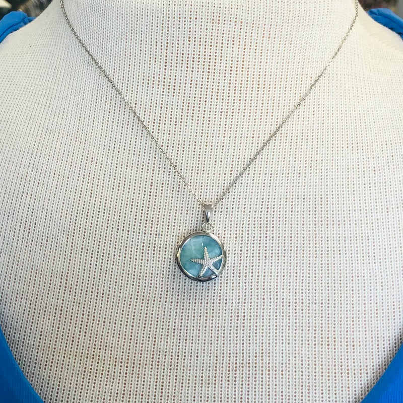 Natural Larimar Starfish Disc Necklace, Sterling Silver on 18