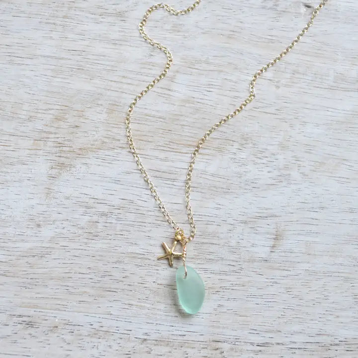14K Gold Filled Tiny Seaglass & Starfish Necklace