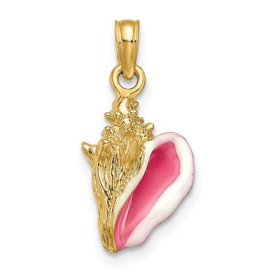 3D Conch Shell Pendant, Yellow Gold w/ Pink Enamel