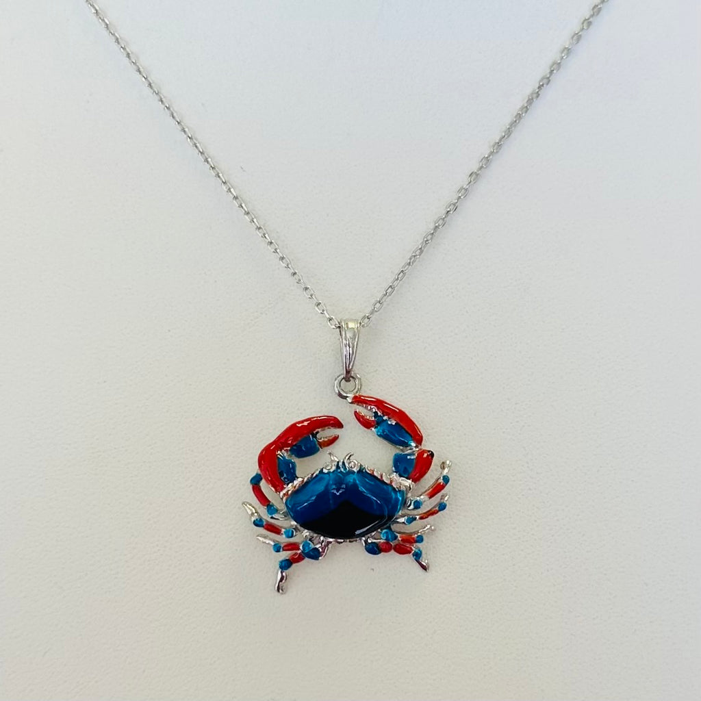 Blue Crab Necklace, Sterling Silver on 18" Cable Chain