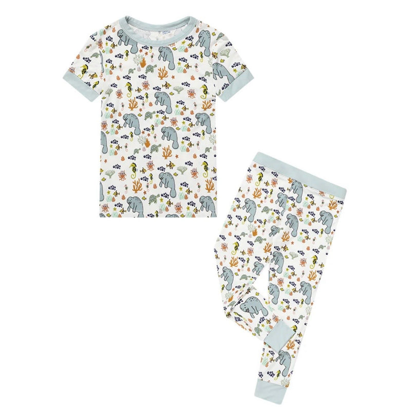 Manatee Two-Piece Bamboo Short Sleeve Pajama Kids Pants Set