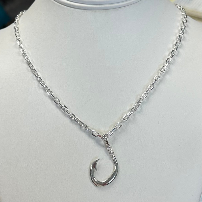 Sterling Silver Fish Hook Pendant on Anchor Chain (choose length)