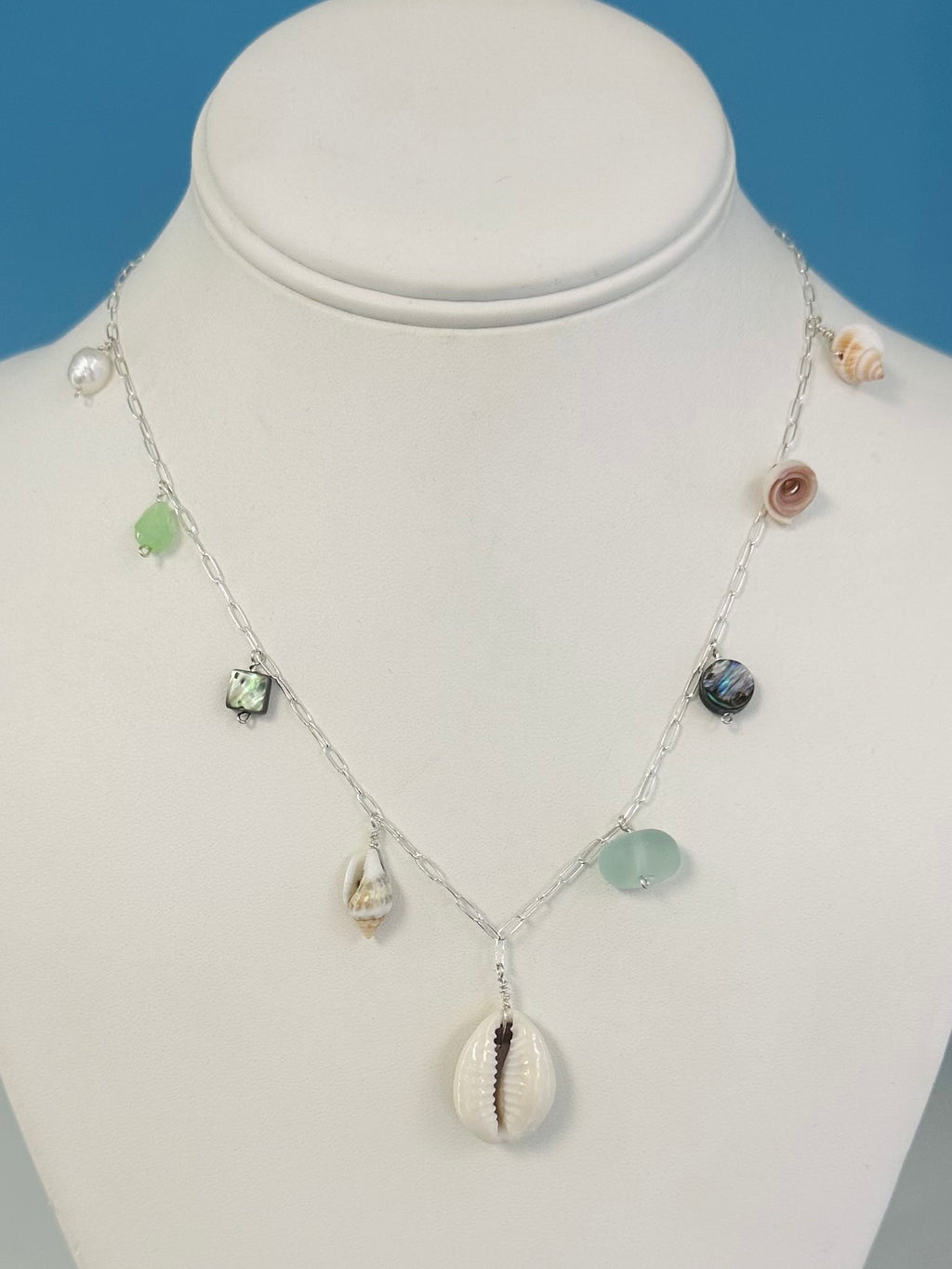 Sterling Silver Ocean Charm Necklace, Seaglass & Shells 18”