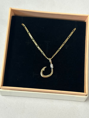 14k Yellow Gold Fish Hook Pendant + 10k 20" Figaro Chain