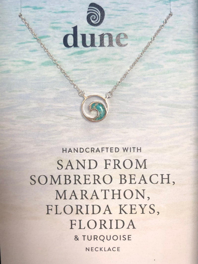 Delicate Dune Necklace, Wave - Sterling Silver w/ Turquoise & Sombrero Beach Sand