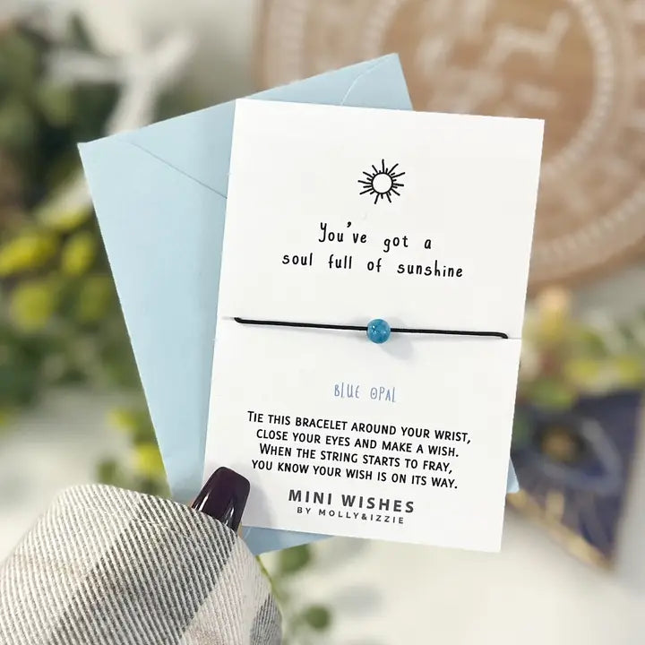 Mini Wish Card, Soul Full of Sunshine Blue Opal Bracelet, Adjustable White String