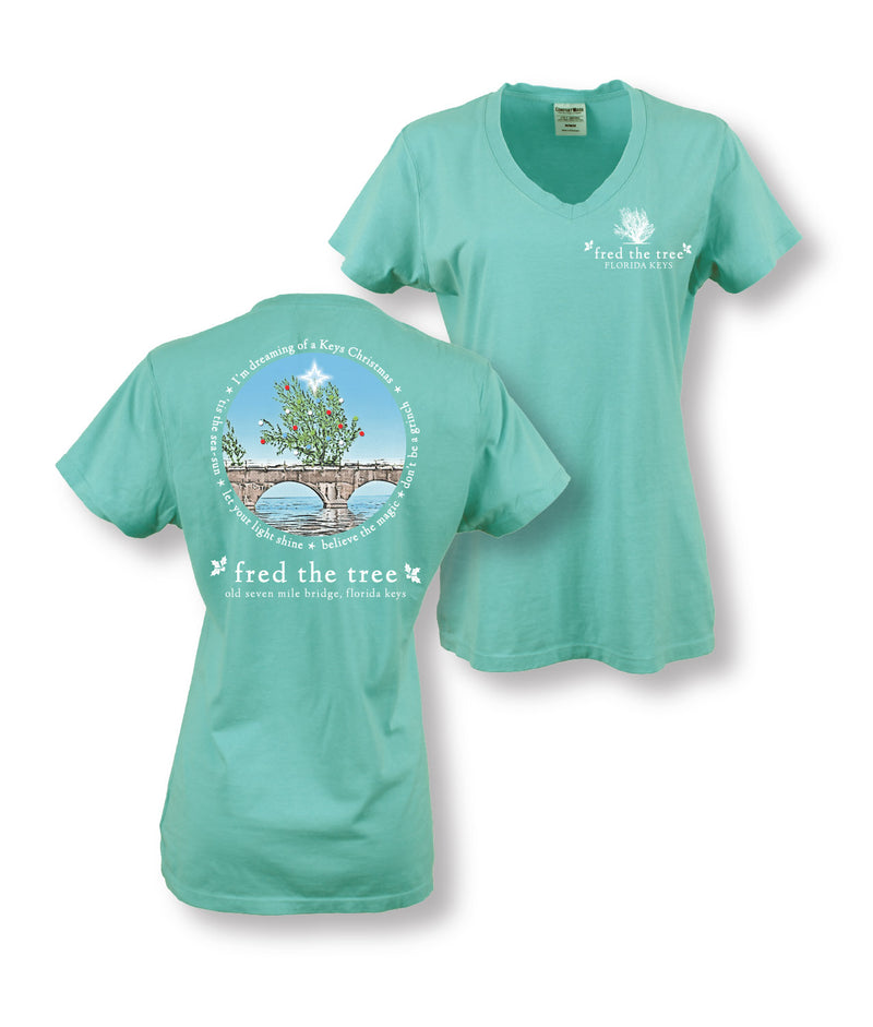 PREORDER FOR OCTOBER SHIP Fred the Tree Christmas Ladies V-Neck T-Shirt, CM Blue