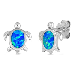 Turtle Post Earrings, Sterling Silver w/ Blue Opal