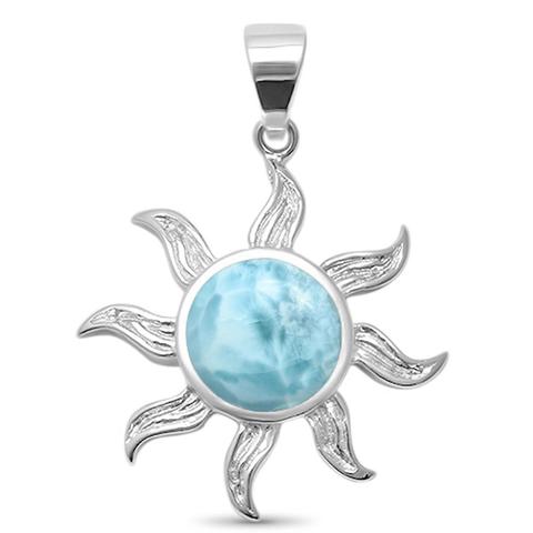 Natural Larimar Sun Necklace, Sterling Silver on 18” Cable Chain