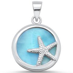 Natural Larimar Starfish Disc Necklace, Sterling Silver on 18" Cable Chain
