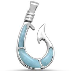 Natural Larimar Fish Hook Necklace, Sterling Silver on 18" Cable Chain
