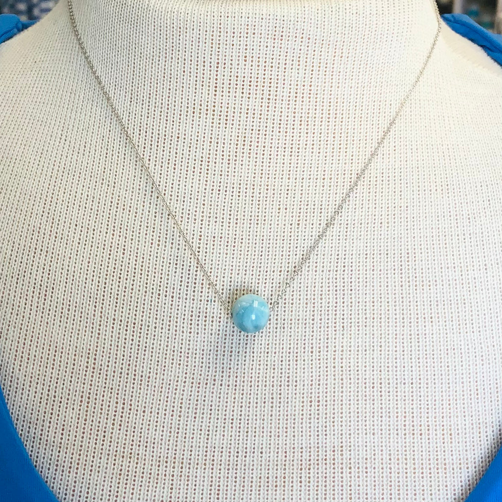 Natural Larimar Round Bead Necklace, Sterling Silver on adjustable 16” - 18" Chain