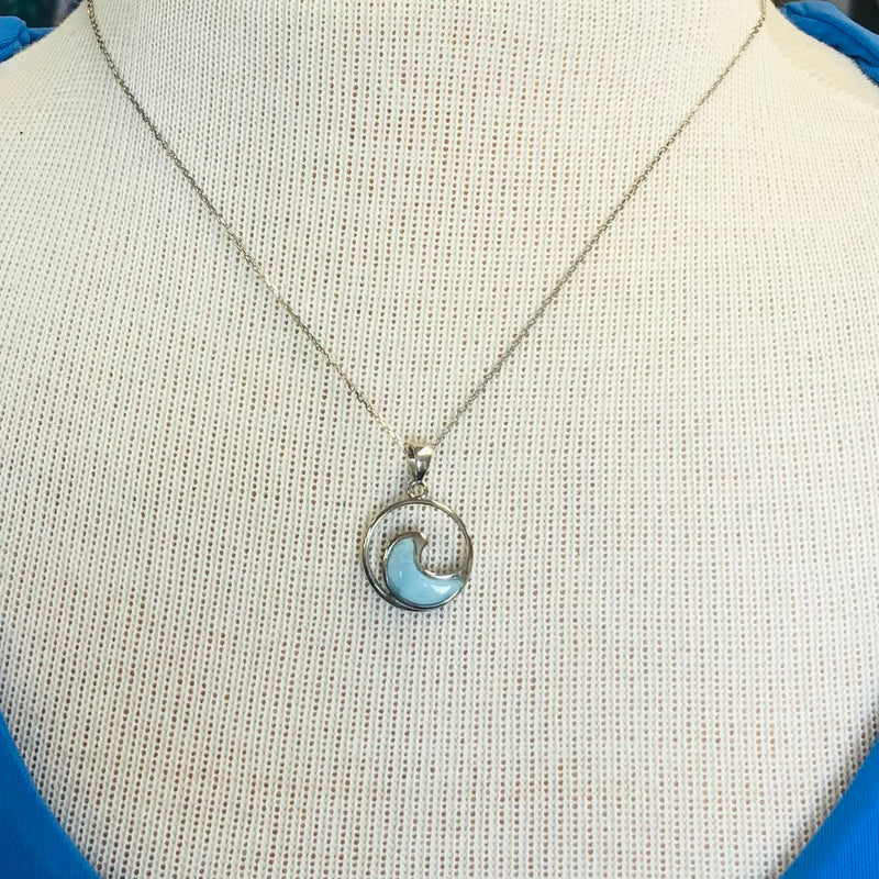 Natural Larimar Wave Necklace, Sterling Silver on 18: Cable Chain