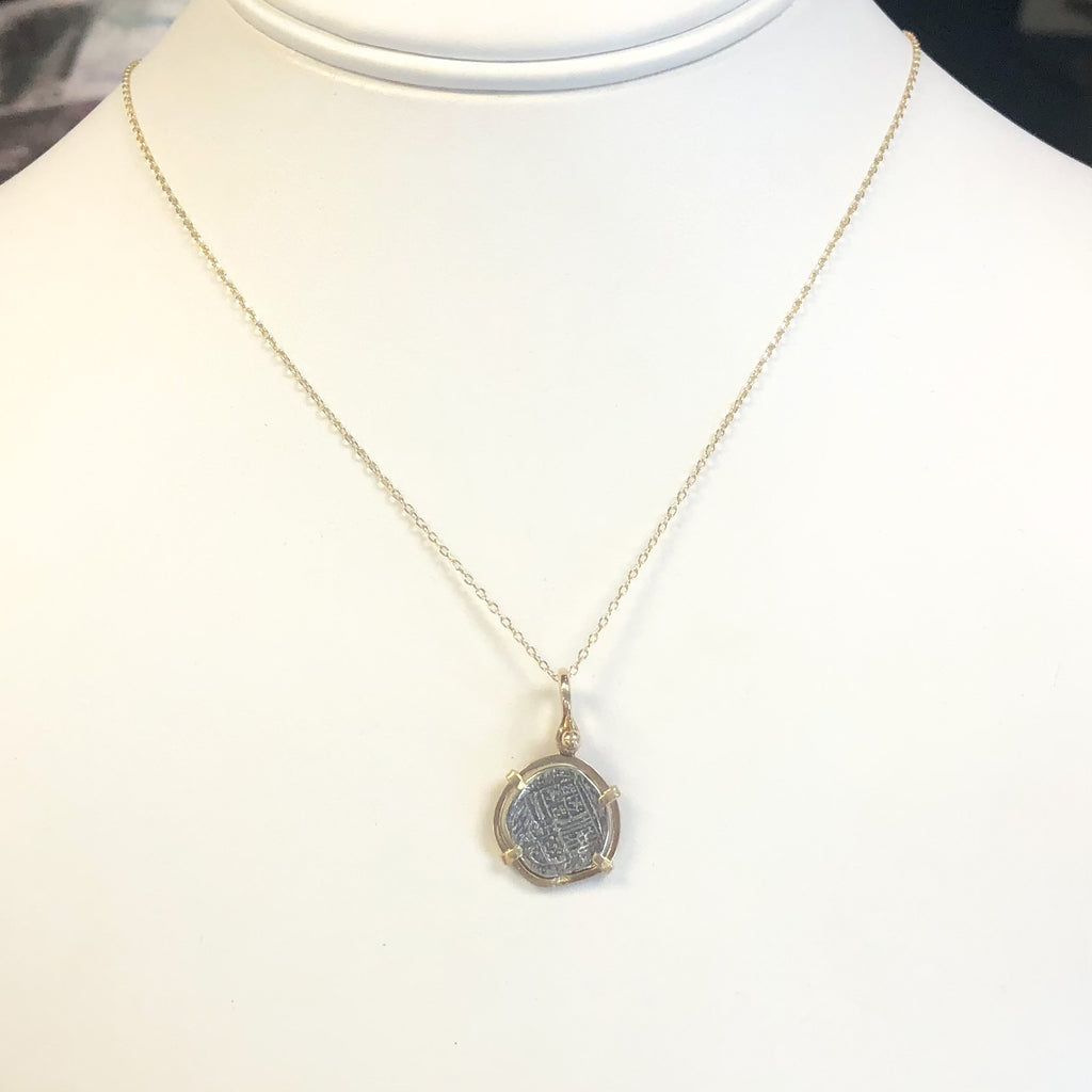 Atocha Shipwreck Coin w/ 14k Gold Bezel, on on Adjustable 14k Cable Chain