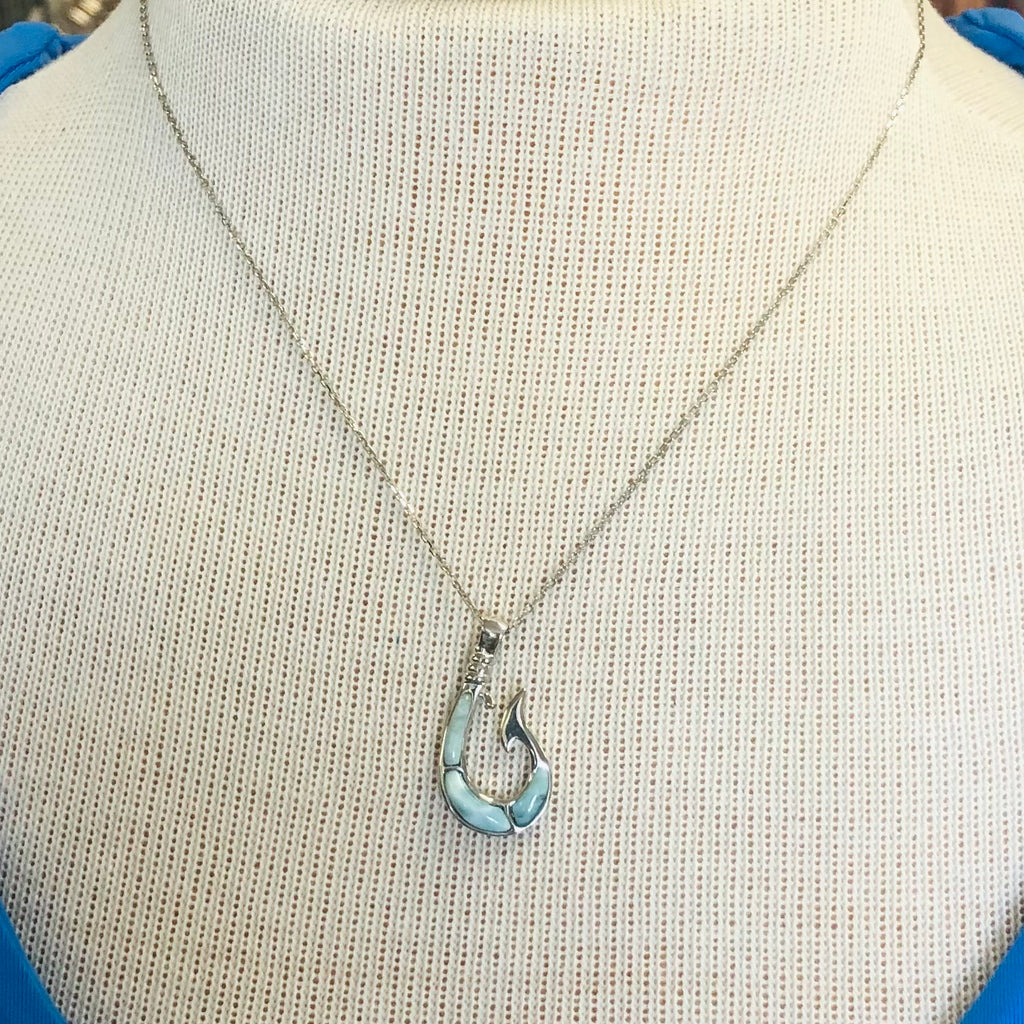 Natural Larimar Fish Hook Necklace, Sterling Silver on 18" Cable Chain