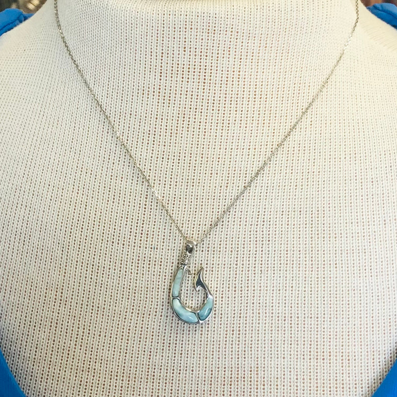 Natural Larimar Fish Hook Necklace, Sterling Silver on 18