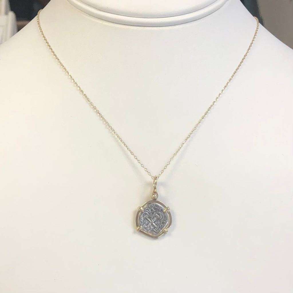 Atocha Shipwreck Coin w/ 14k Gold Bezel, on on Adjustable 14k Cable Chain