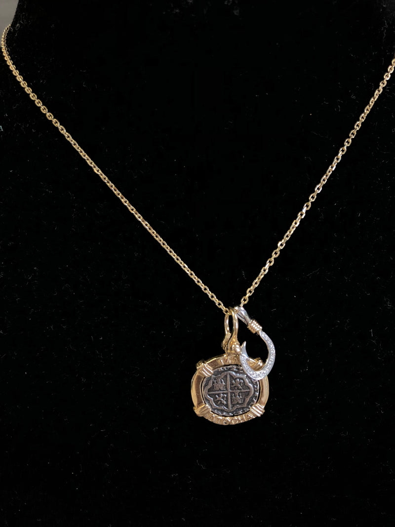 Gold Atocha Coin Necklace with 14k White Gold Diamond Hook, Gold Chain