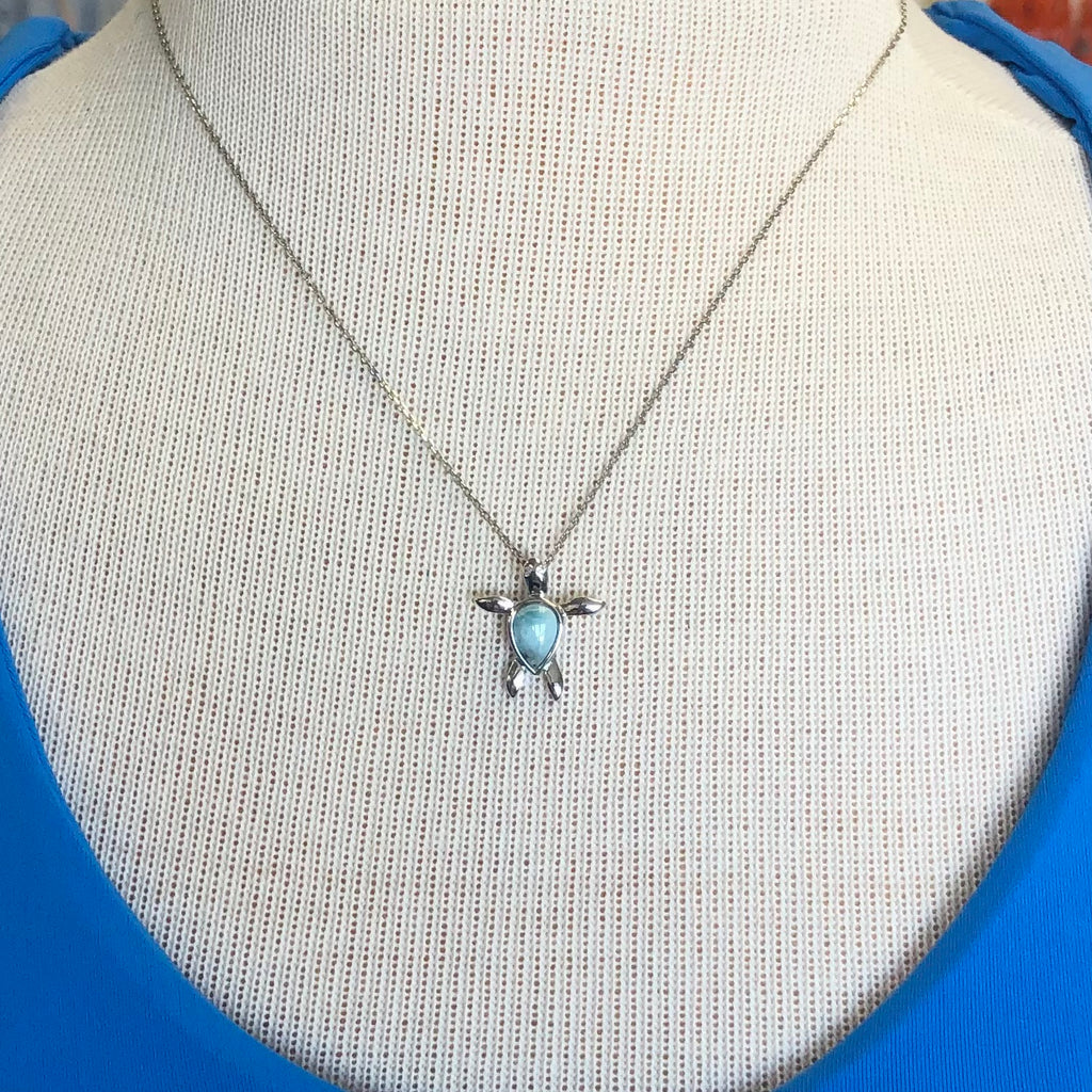 Natural Larimar Turtle Necklace, Sterling Silver on 18” Cable Chain