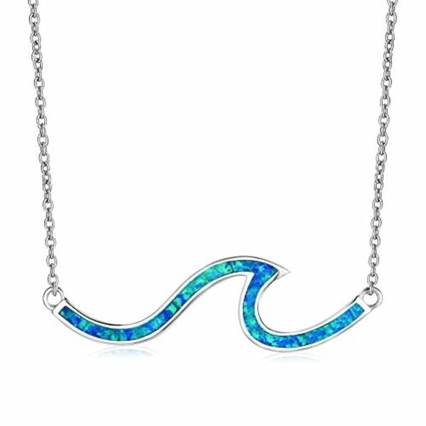 Sterling Silver w/ Blue Opal Wave Necklace, Adjustable to 18